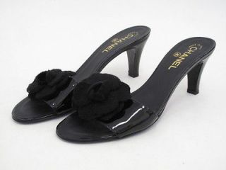 Chanel Black Patent Leather w Fabric Camellia Slip On Heels 39.5