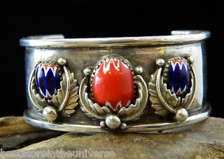 Sterling Silver Native American Trade Bead Cuff Bracelet Signed