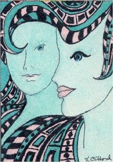 ACEO atc original abstract Charmers female blue green art painting JD