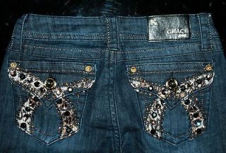 NEW GRACE IN LA JEANS DARK LEAOPARD STONES AT THE BUCKLE BOOT CUT