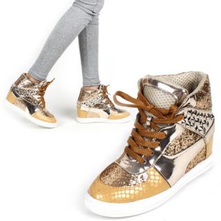 Womens glitter Gold Ankle high tops hidden insole wedge heels fashion
