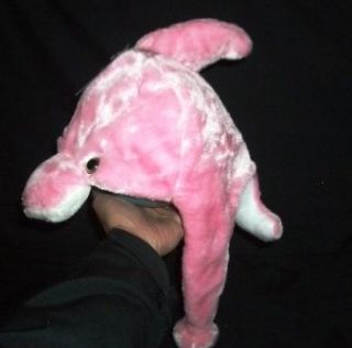 Pink Dolphin Stuffed Animal Head Fluffy Plush Earmuff Beanie Hat Cap