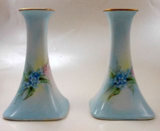 Hand Painted Tall Forget Me Not Antique Porcelain Candle Holders Pair
