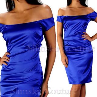 Rubber Ducky New ROYAL BLUE Satin Off Shoulder Ruched Sheath Pencil