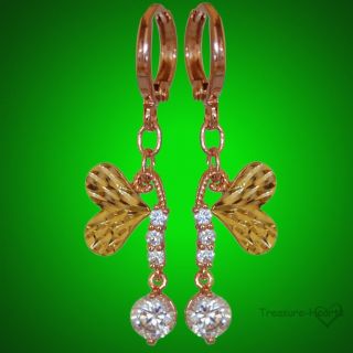 18k Rose Yellow Gold GF Dangle Crystal Butterfly Heart Fairy Earrings