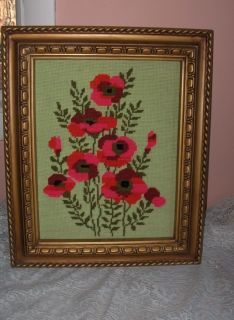 Vintage Needlepoint Red Poppies Flowers Picture Gold Frame