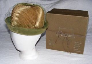 Vintage Green Velvet Puce Gold Accordion Pleated Bowler Hat Arnold