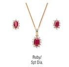 9ct Yellow Gold Ruby & Diamond Oval Cluster Pendant & Earring set