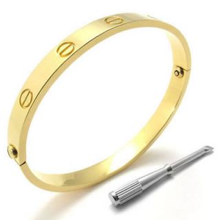 Gold Tone Screws Design Stainless Steel Womens Cuff Bracelet Bangle