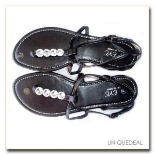 NEW WOMENS ROMAN SANDALS FLATS WITH BLING THONGS/BLACK