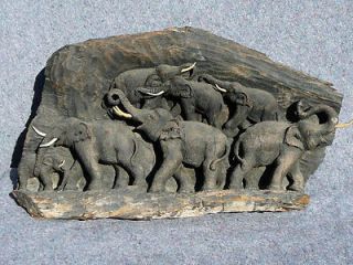 Elephant family carving carved display Teak WOOD I love elephants Thai