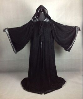 Velvet Black with Satin Hooded Robe Halloween Cloak Wizard Wicca LARP