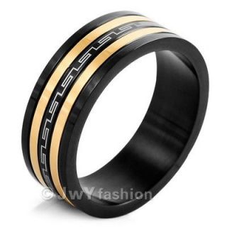 Size 12 Men Gold Black Striped Stainless Steel Rings Wedding Band