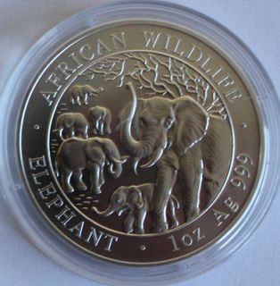 2008 SOMALIA ELEPHANT, 1 OZ BU/UNC SILVER, IN UNOPENED 39 MM COIN
