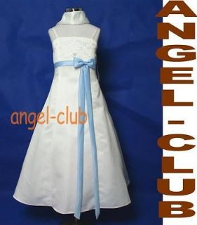 PAGEANT BLUE RIBBON FLOWER GIRL IVORY DRESS Sz 4 6 8 10 12 14 16 18