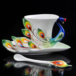 Pretty Green Peacock Ceramic Coffee Mate Set Tea 1Cup/1Saucer/1 Spoon