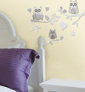 OWLS on BRANCHES MIRRORED wall stickers 18 glitter decal room decor