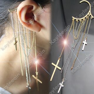 Fab Long Hanging Multi Cross Tassels Chain Ear Cuff Stud Earrings Goth