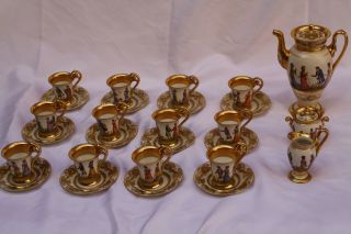 Magnificent 19C Hand Painted Dresden 3P Coffe Set & 12P Cup and