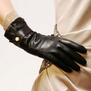 genuine Kid leather Cashmere Lining Gloves with belt Gold plated logo