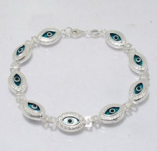 Evil Eye Greek Key Bracelet 925 Sterling Silver Blue