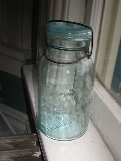 Vintage Trademark Lightning Agua Glass Quart Fruit Jar, Glass Lid
