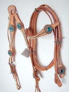 Western Headstall Breast plate Natural Teal Green Bling Showman Horse