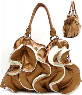 Ladies Tan Ruffle Handbag Purse Soft Made Well
