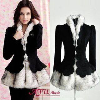 Womens Black With Fur Skirt Short Warm Soft Elegant Falbala Wool Coat