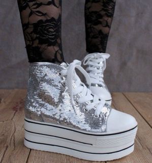 Womens Canvas Sneakers Glitter Lace up Platform Heel Shoes Boots