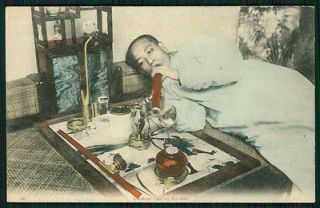 1910s Old tinted postcard CHINESE OPIUM SMOKER w/PIPES Hong Kong