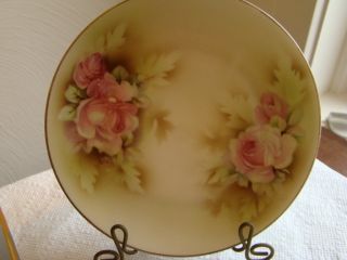 ES Germany Prov Saxe Pink Roses Plate 7 1/2 Green and Brown Tones
