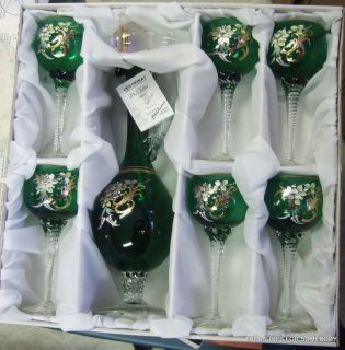 Set 6 Bohemian Crystal Enamel Painted Green Glasses & Decanter Czech