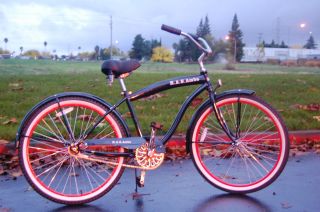 beach cruiser bicycle, BLACK/RED RIMS, beach bike with 26 wheels,mens