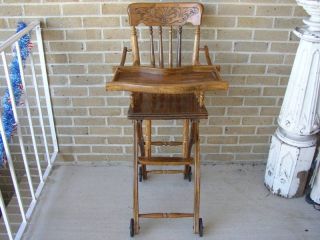 Antique Oak High Chair Wheels Pressed Back Walker