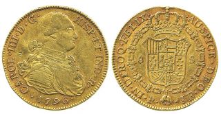 Gold Doubloon Popayan Colombia Bust 8 Escudos Charles IV 1796 JF