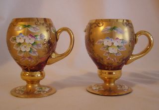 TWO STUNNING VINTAGE CZECH BOHEMIAN HAND PAINTED CRANBERRY GLASS CUPS