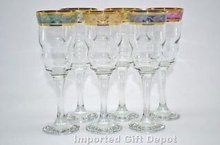 Flute Wine Glass 14k Gold Rim Multicolor Pattern Set of 6