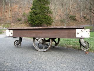 INDUSTRIAL FACTORY CART WITH CAST IRON WHEELS RUSTIC COFFEE TABLE CART