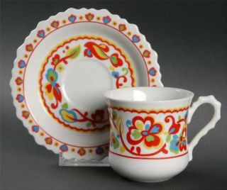 Sango Basque Flat Cup & Saucer Set, Fine China Dinnerware   Multicolor Shapes &