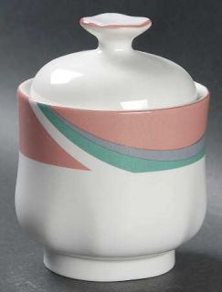 Sango Pinwheel Pink Sugar Bowl & Lid, Fine China Dinnerware   Pink,Gray,Green Pi