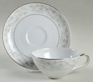 Royal Wentworth Fairlawn Flat Cup & Saucer Set, Fine China Dinnerware   Blue/Pin