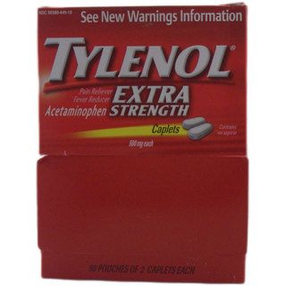 Tylenol Extra Strength Pain Reliever 2 caplet Pouches (pack Of 50) (Two (2) 500 mg caplets per pouchQuantity: 50 pouchesTargeted area: Pain reliefActive ingredients: Acetaminophen We cannot accept returns on this product.Due to manufacturer packaging chan