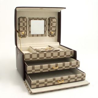 Bey Berk International Leather & Brown Checkered Multi level Travel Jewelry Box