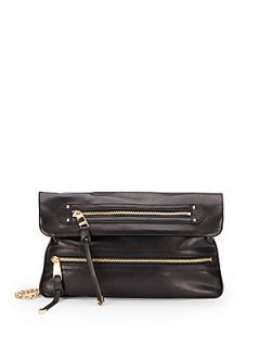 Mila Leather Flapover Shoulder Bag   Black