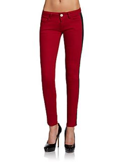 Faux Leather Trimmed Jeans   Wine