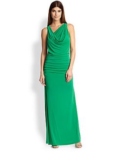 BCBGMAXAZRIA Cutout Back Draped Stretch Jersey Gown   Green