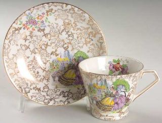 Lord Nelson Pompadour Flat Cup & Saucer Set, Fine China Dinnerware   Multicolor