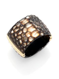 Alexis Bittar Kinshasa Crocodile Textured Lucite Wide Bracelet   Black Gold