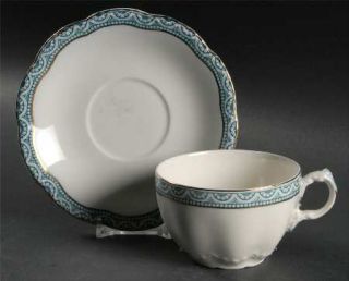 Johnson Brothers Touraine Flat Cup & Saucer Set, Fine China Dinnerware   Blue/Gr